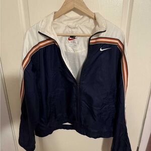 Nike Women's Navy and White Bomber Jacket with Orange Stripes